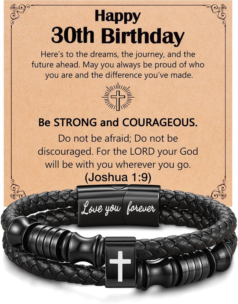 UNGENT THEM Joshua 1:9 Encouraging Christian Birthday Gifts for Boys Teens Men, Bible Verse Leather Cross Bracelet - Image 1